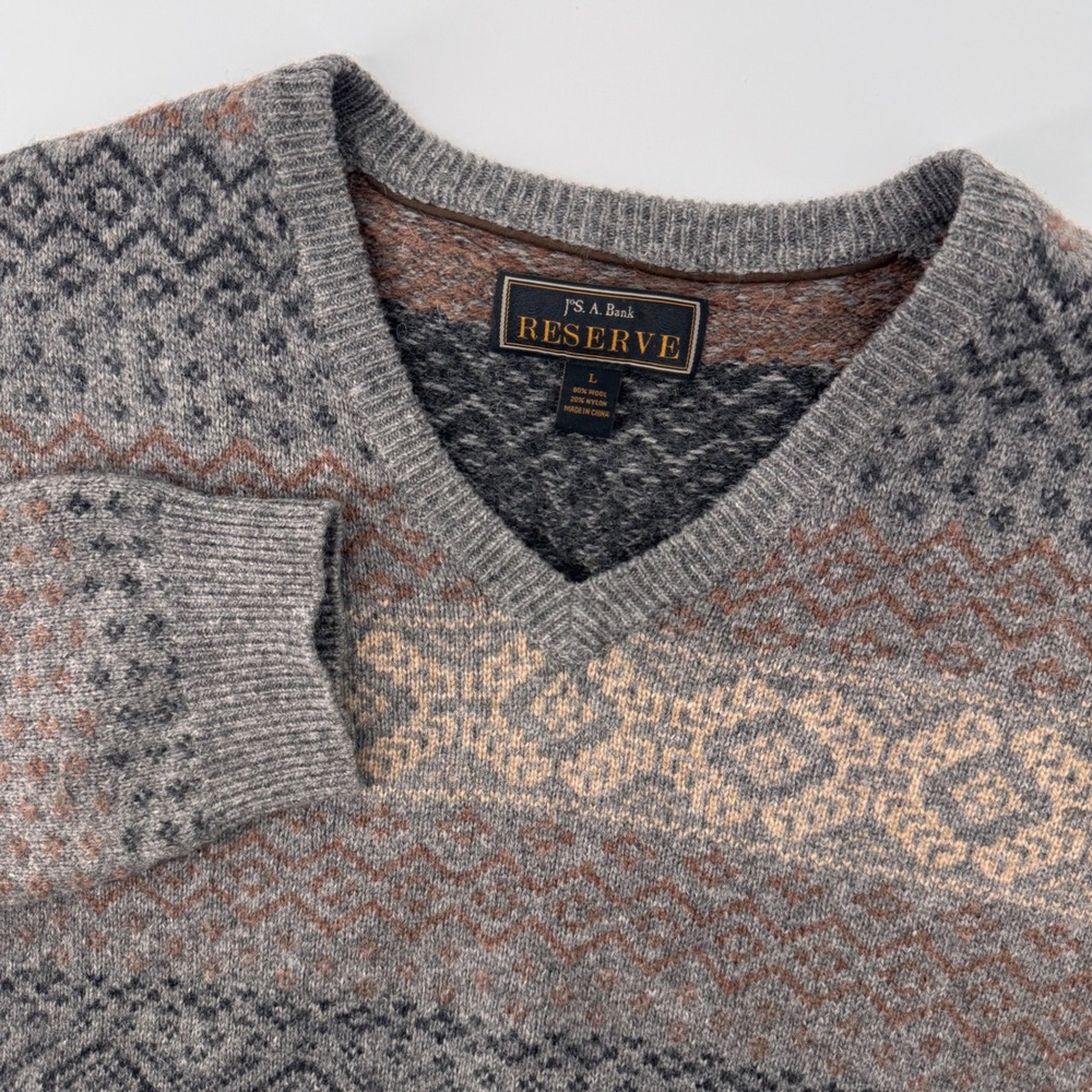 Jos A Bank Reserve Sweater Mens Large Grey Fair Isle Wool V-Neck 9248